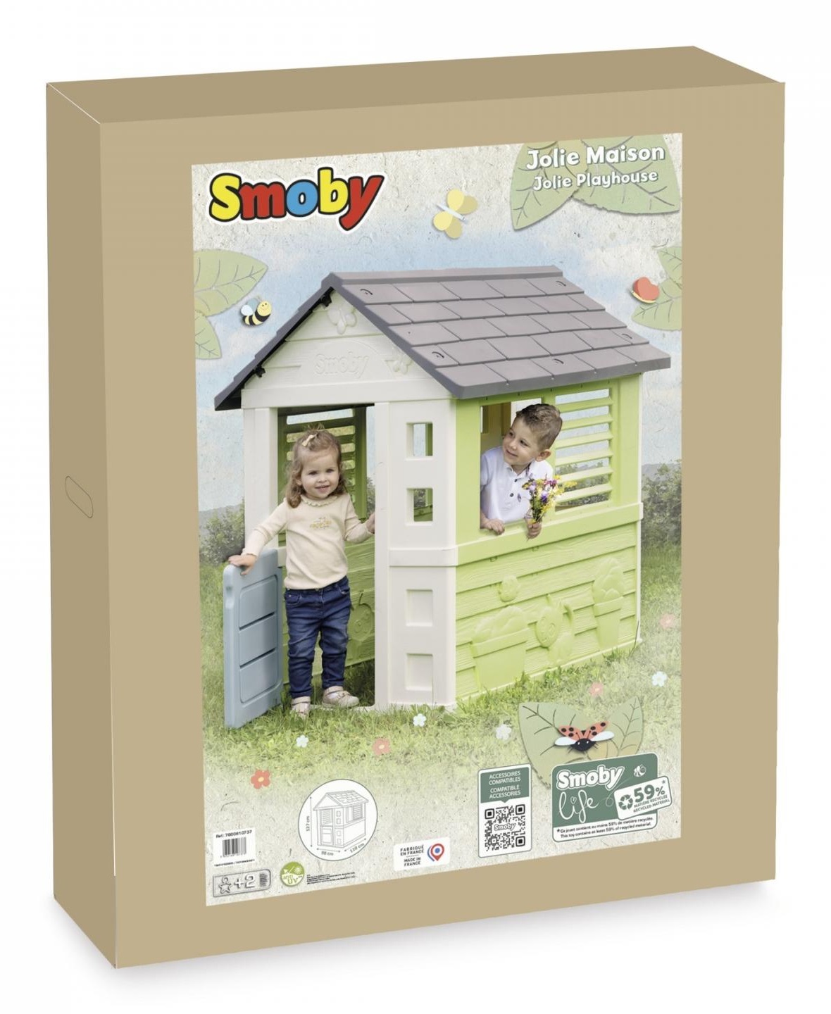 Smoby Life Casetta Jolie - Casa Giocattolo per Bambini (98 x 110 x 127 cm) con Design Moderno, Cancello e Finestre con Persiane, Realizzata in Materiale Riciclato, dai 2 Anni