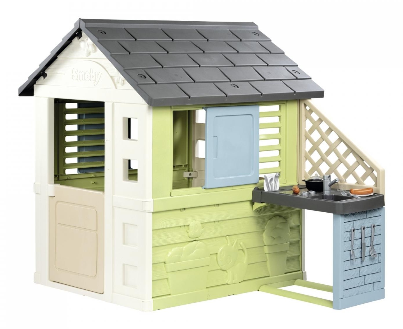 Smoby 810738 Casa Giocattolo con Cucina Estiva, Piastra e Lavello, Numerosi Accessori, Materiale Riciclato, Adatta dai 2 Anni