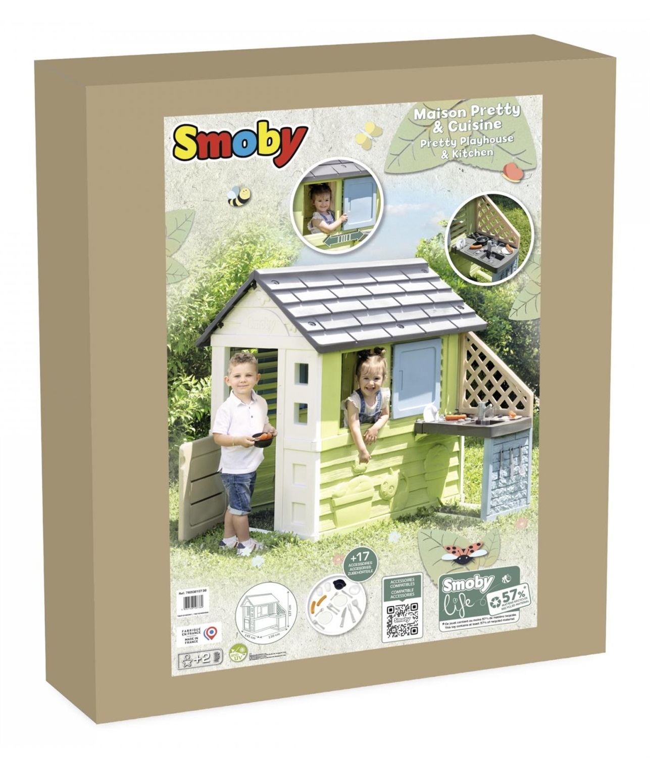 Smoby 810738 Casa Giocattolo con Cucina Estiva, Piastra e Lavello, Numerosi Accessori, Materiale Riciclato, Adatta dai 2 Anni