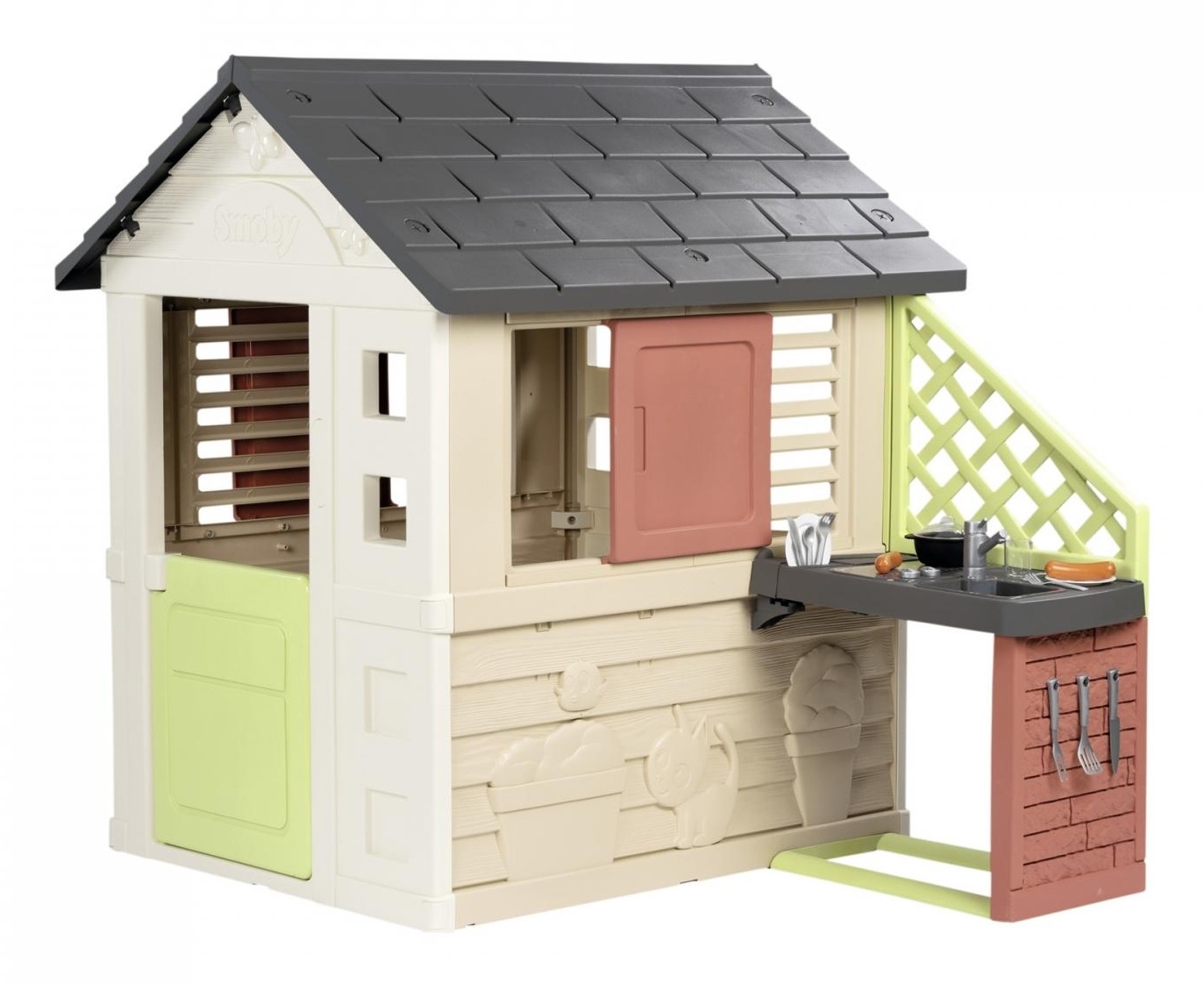 Smoby Casetta Natura con Cucina - Gioco per Bambini 2 anni, 17 Accessori Inclusi, Dimensioni 145x110x127cm, Materiale Eco-Friendly