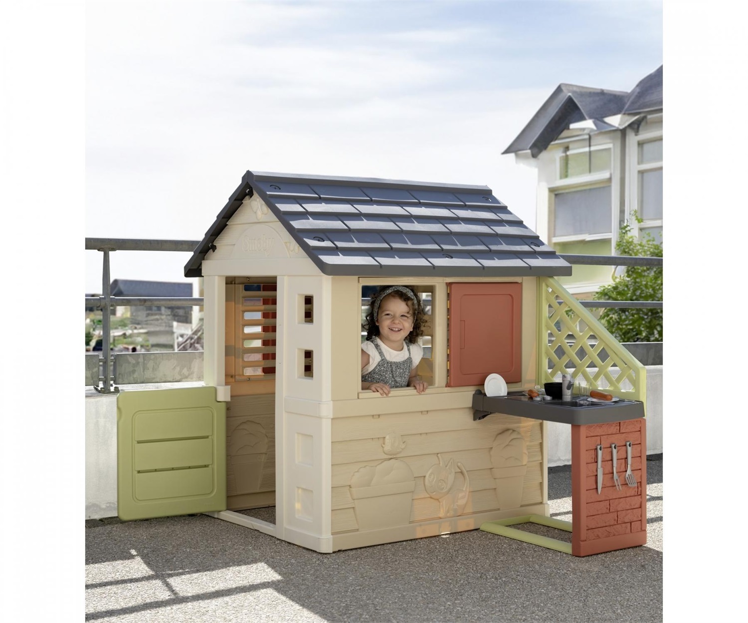 Smoby Casetta Natura con Cucina - Gioco per Bambini 2 anni, 17 Accessori Inclusi, Dimensioni 145x110x127cm, Materiale Eco-Friendly