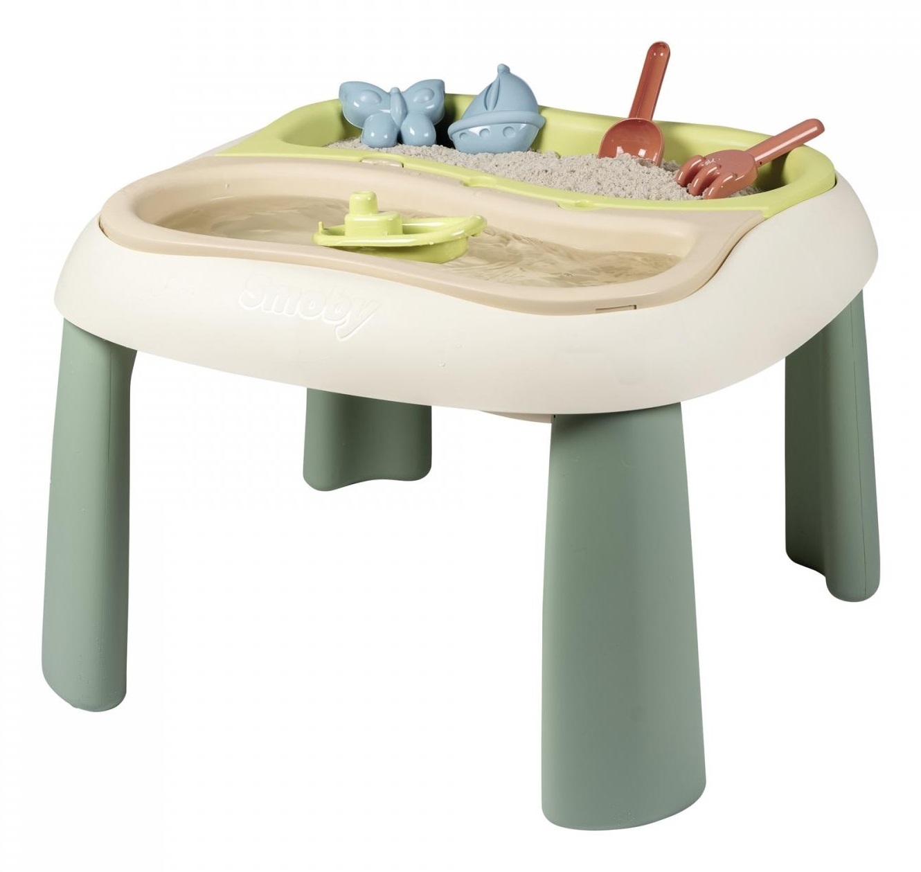 Smoby Life Tavolo da Gioco con Sabbia e Acqua - 2 Vassoi Rimovibili, Paletta, Rastrello, Barca e Formine - Giocattolo per Uso Esterno - Materiale Riciclato - Dai 18 Mesi