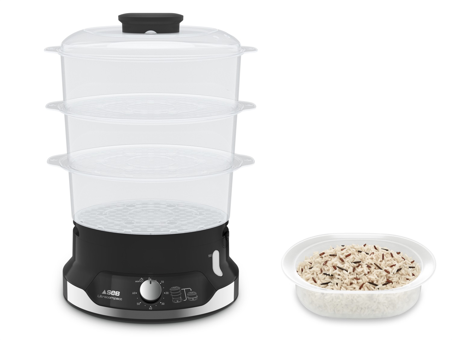 Tefal VC2048 Vaporiera Ultracompact 9 L, 800 Watt, Timer 60 min, Recipienti privi di BPA, Sistema impilabile ultracompatto