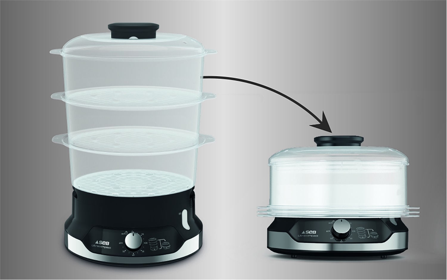 Tefal VC2048 Vaporiera Ultracompact 9 L, 800 Watt, Timer 60 min, Recipienti privi di BPA, Sistema impilabile ultracompatto