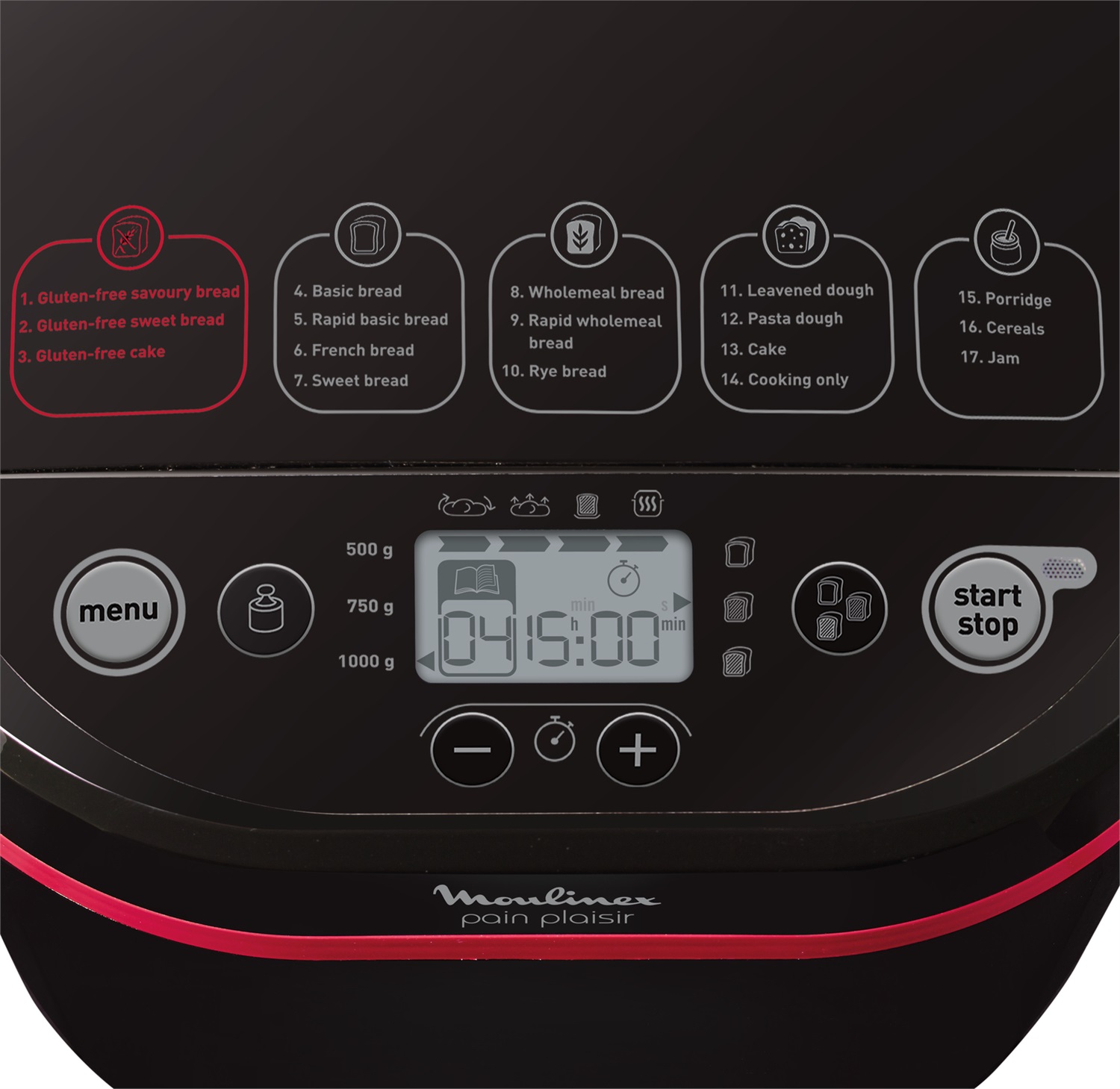 Moulinex OW2208 Pain & Plaisir - Macchina del Pane con 17 Programmi, 3 Impostazioni di Peso, 3 Livelli di Doratura, Avvio Ritardato e Ricettario Incluso