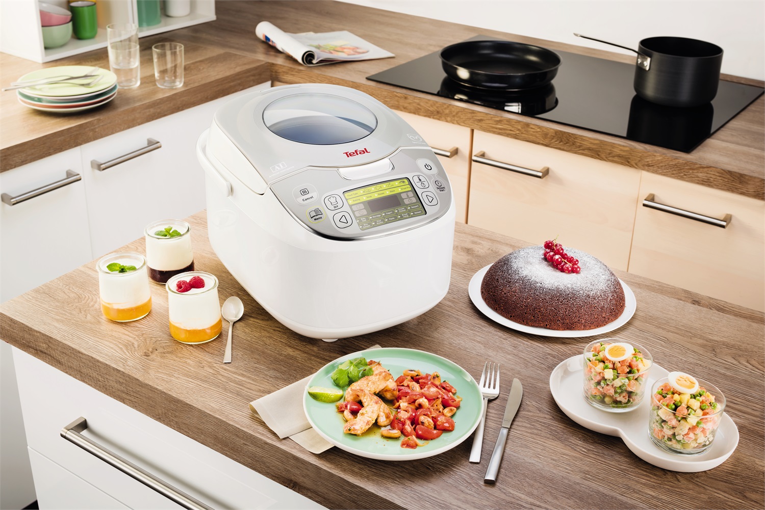 Tefal RK8121 Multicooker 5L 750W 45 Funzioni di Cottura, Display LCD, Argento e Bianco