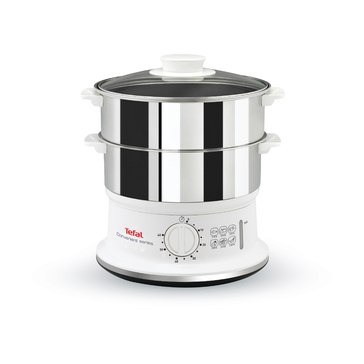 Tefal VC1451 Vaporiera Convenient Series Inox - Cottura a Vapore, 2 Cestelli, Timer 60 min, Capacità 6 L, Bianco