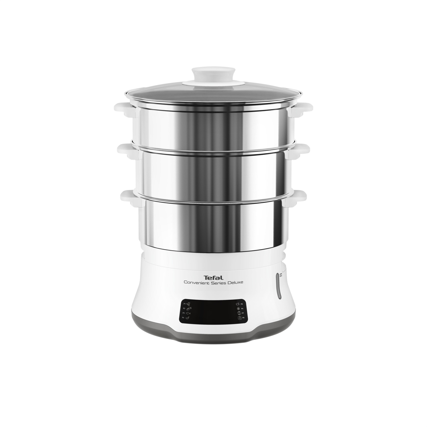 Tefal VC502D10 Convenient Deluxe Vaporiera Elettrica, 8 Programmi, Touch Screen, 3 Livelli, Acciaio Inox