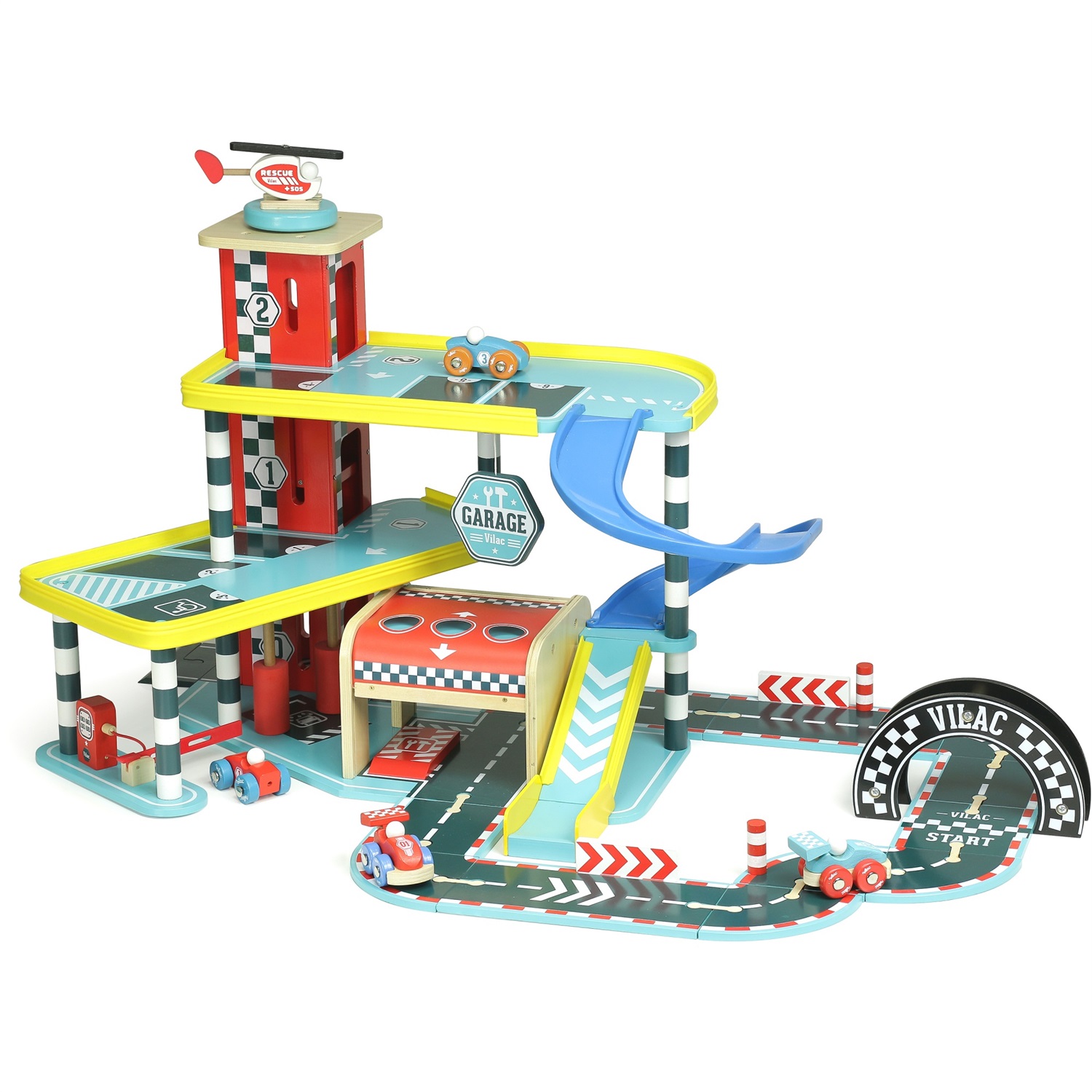 Vilac Garage in Legno con Rampa, Ascensore, 2 Auto e 1 Elicottero - Gioco di Finzione per Bambini dai 3 Anni