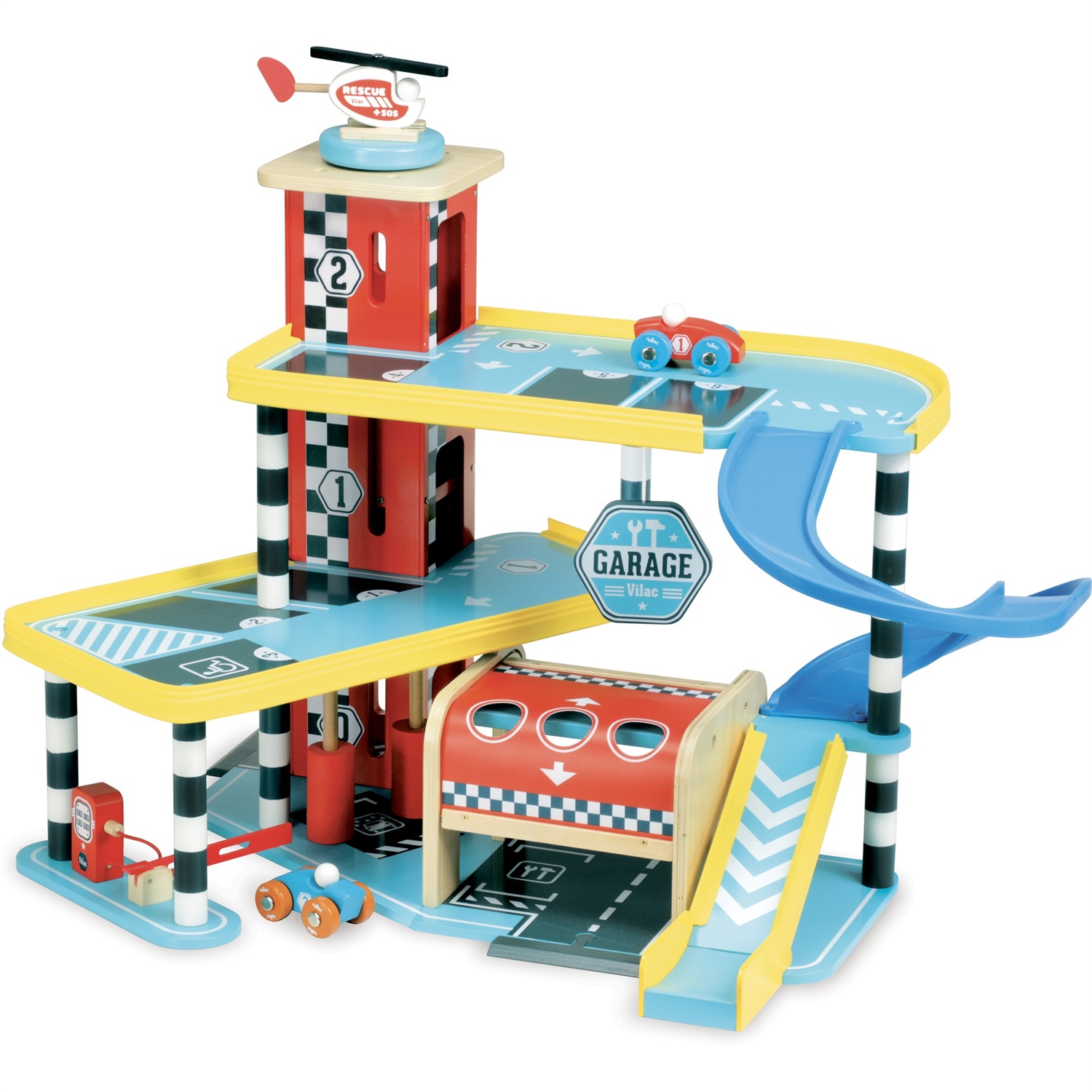 Vilac Garage in Legno con Rampa, Ascensore, 2 Auto e 1 Elicottero - Gioco di Finzione per Bambini dai 3 Anni