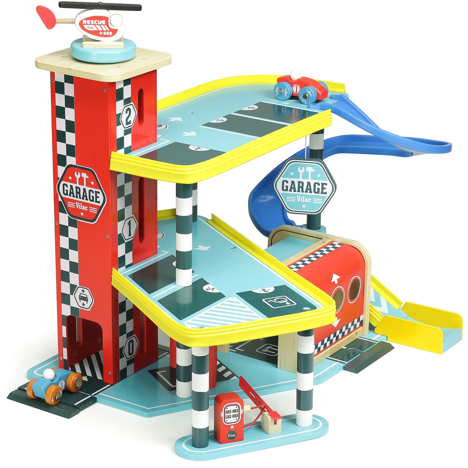 Vilac Garage in Legno con Rampa, Ascensore, 2 Auto e 1 Elicottero - Gioco di Finzione per Bambini dai 3 Anni