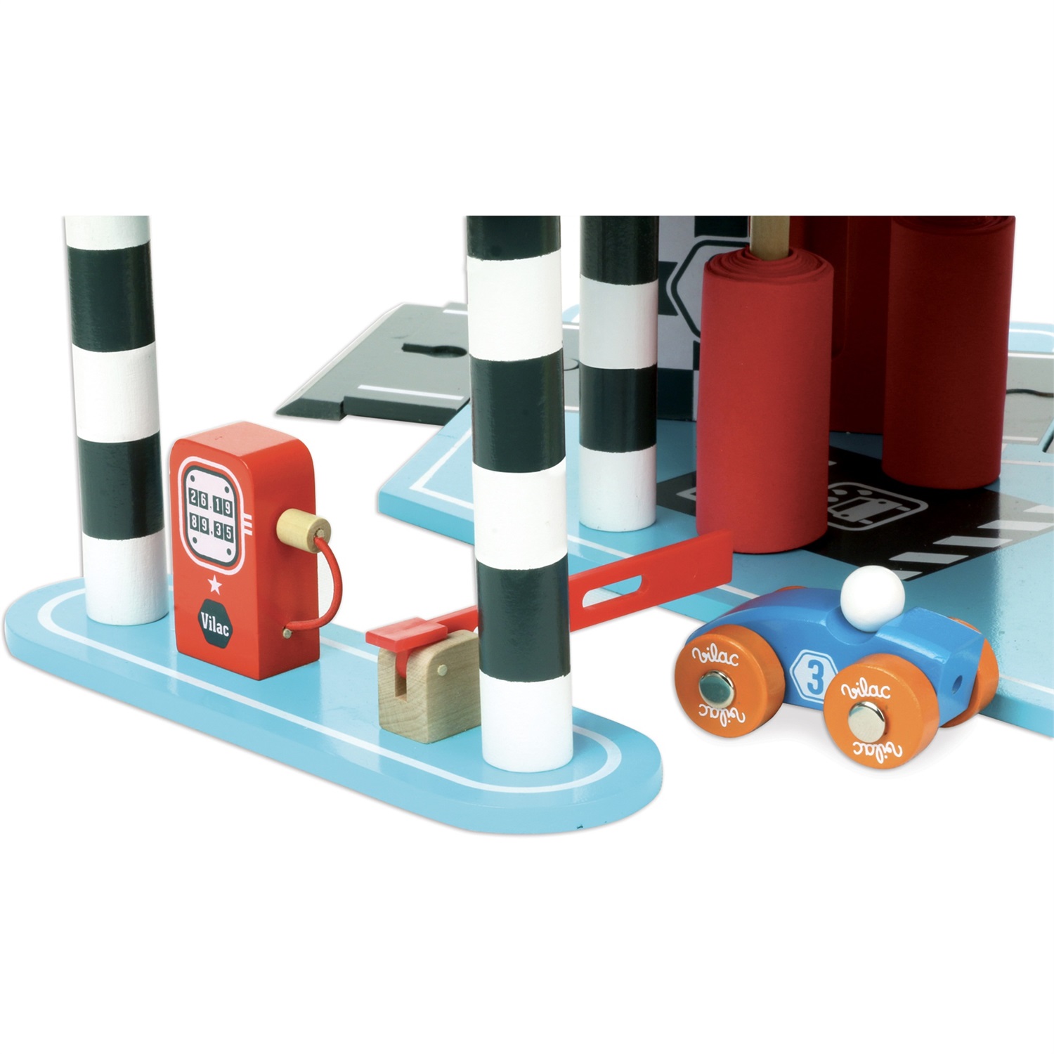 Vilac Garage in Legno con Rampa, Ascensore, 2 Auto e 1 Elicottero - Gioco di Finzione per Bambini dai 3 Anni