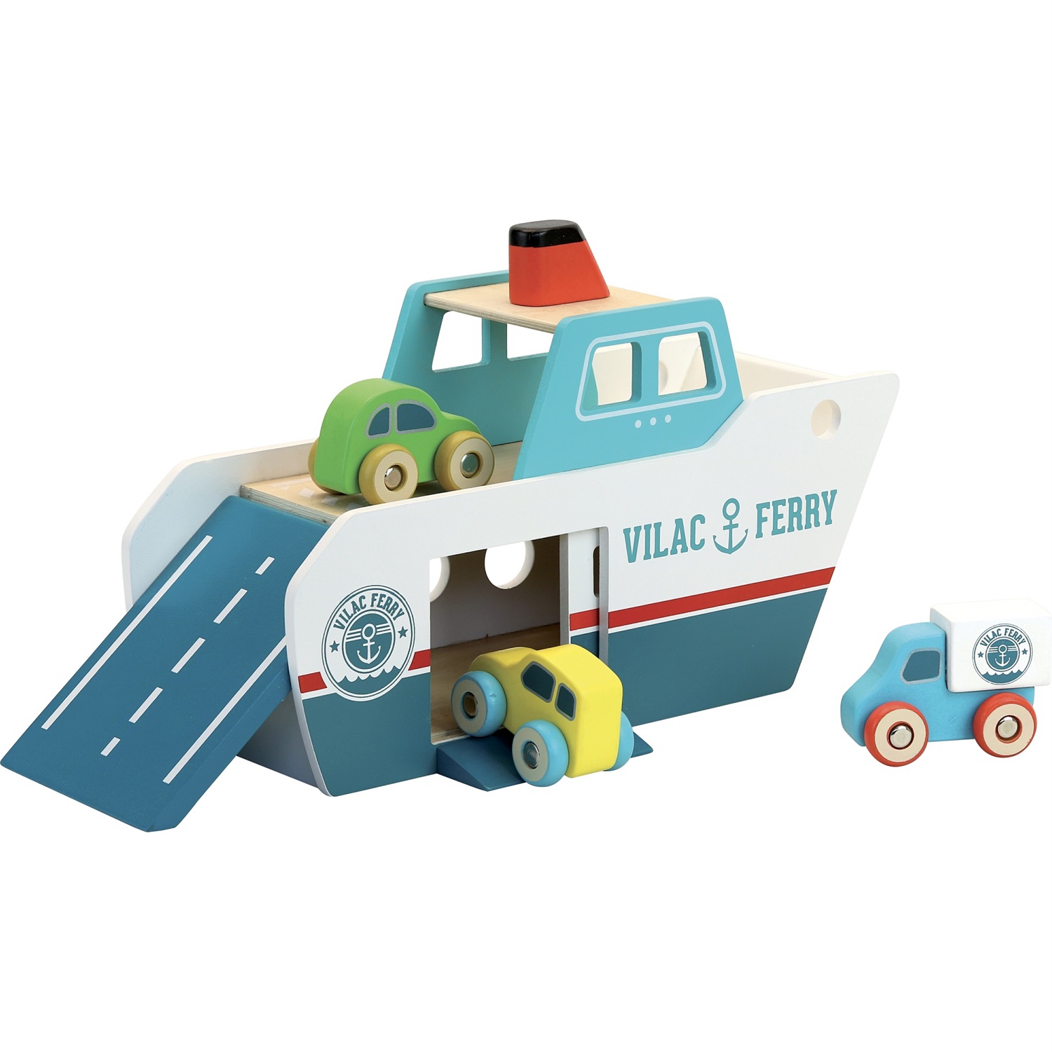 Vilac Traghetto Vilacity in Legno con Rampa Girevole e 2 Auto 1 Camion - Gioco per Bambini dai 3 Anni