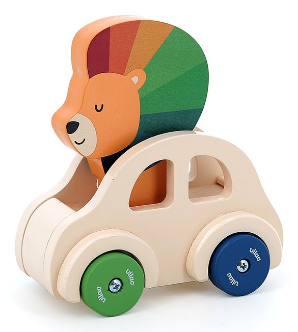 Vilac - Auto Pouet Leone in Legno con Clacson Integrato - Giocattolo per Bambini dai 18 Mesi