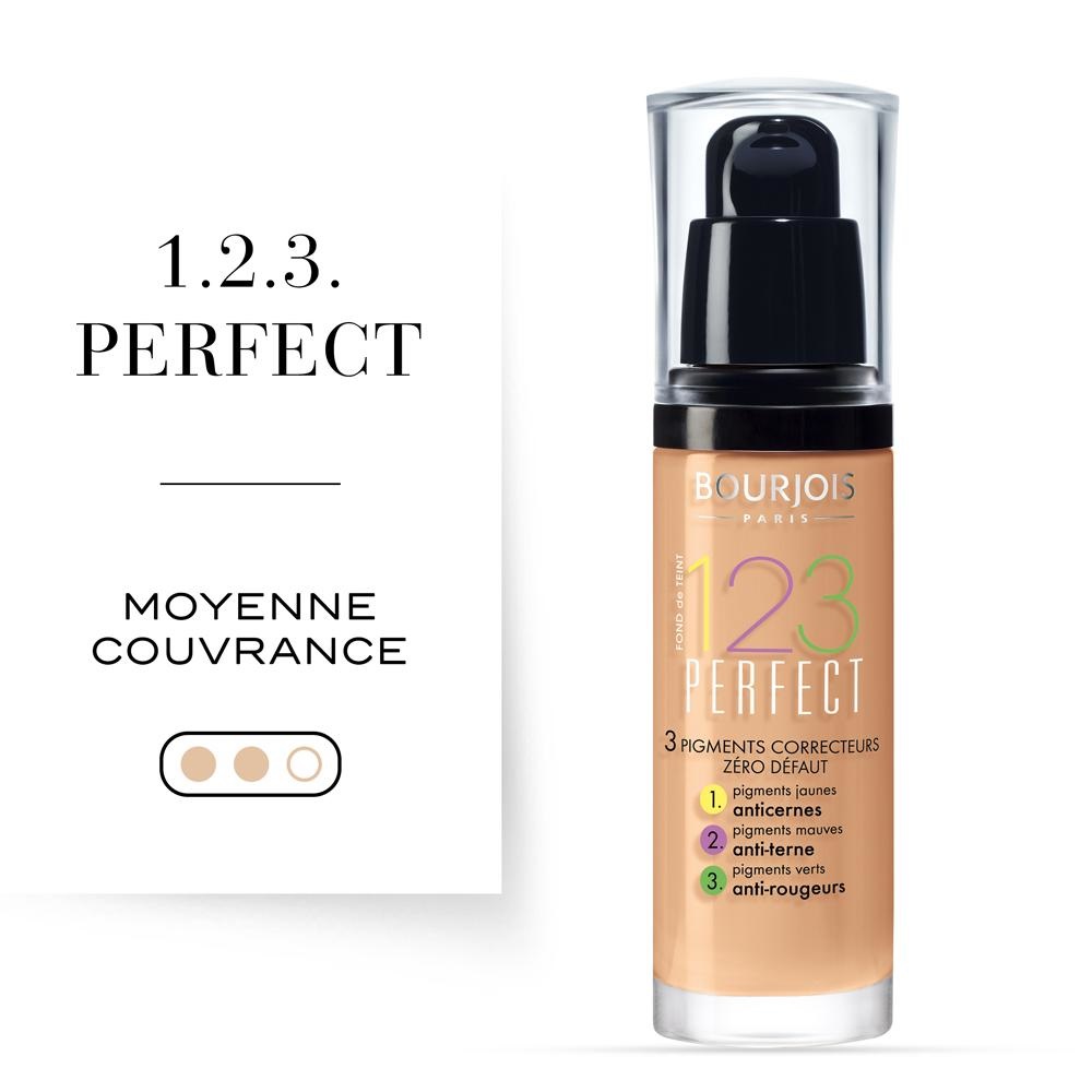 Bourjois 123 Perfect Fondotinta Liquido 30 ml - 55 Dark Beige, Coprenza Media, SPF10, Fino a 16 Ore di Durata
