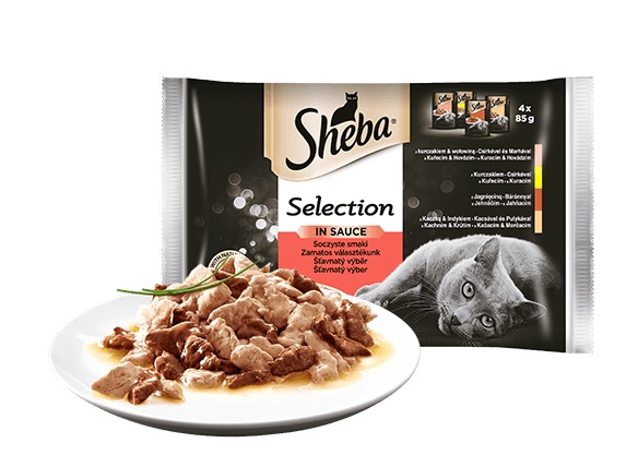 Sheba Selection in Salsa Gusti Succosi - Cibo Umido Completo per Gatti Adulti, 4x85g, Bocconcini con Pollo, Manzo, Agnello, Anatra e Tacchino