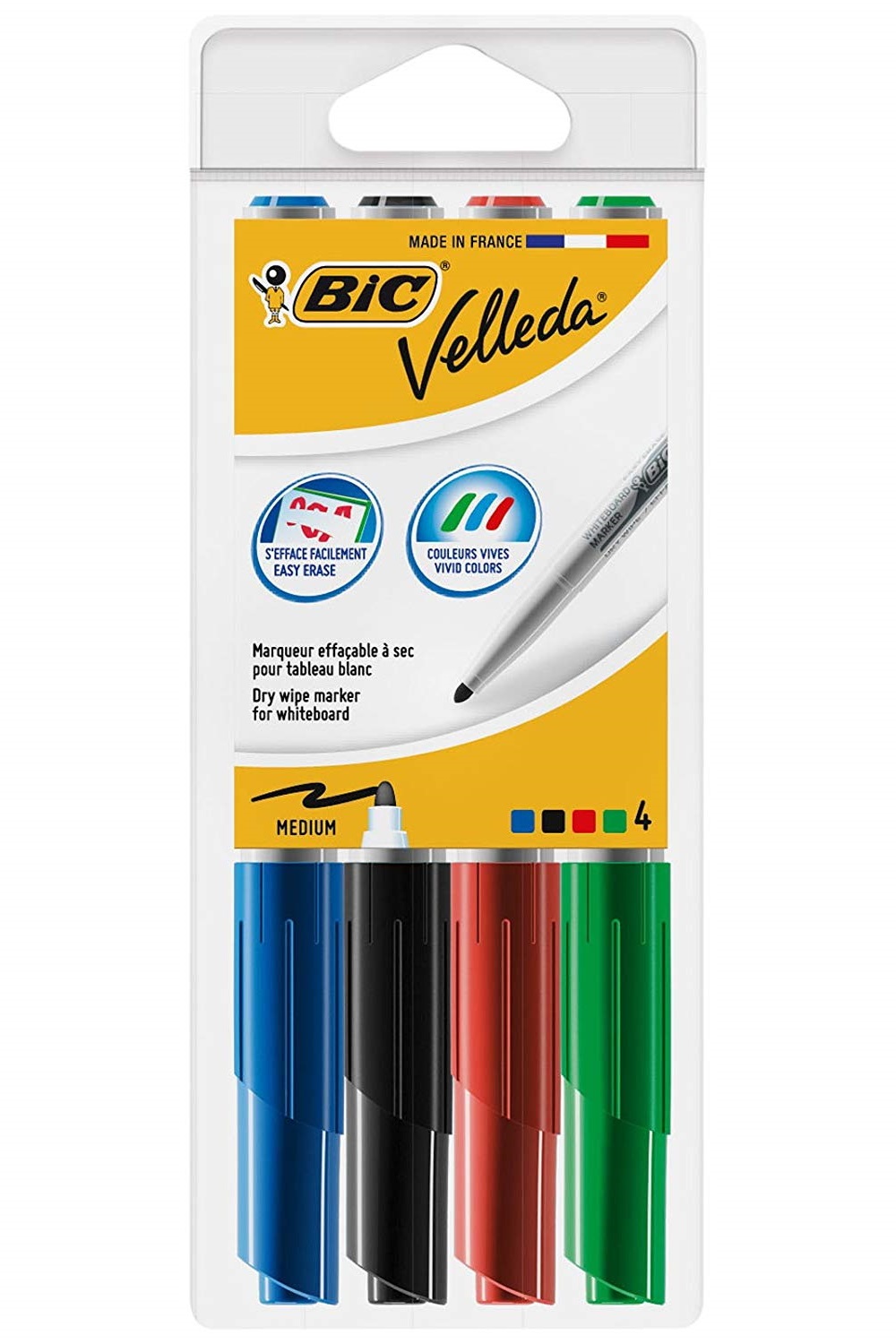 BIC Velleda 1741 - Pennarelli per Lavagne Bianche, Punta Tonda 1,4 mm, Colori Assortiti, Astuccio da 4 Pezzi