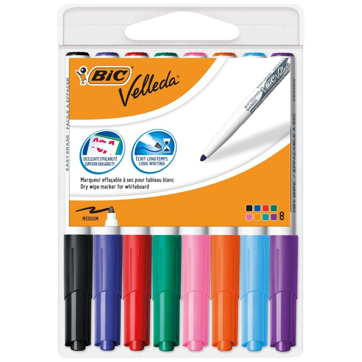BIC Velleda 1741 - Pennarello per Lavagna Cancellabile, Punta Tonda 1,4 mm, Confezione da 8 Colori Assortiti