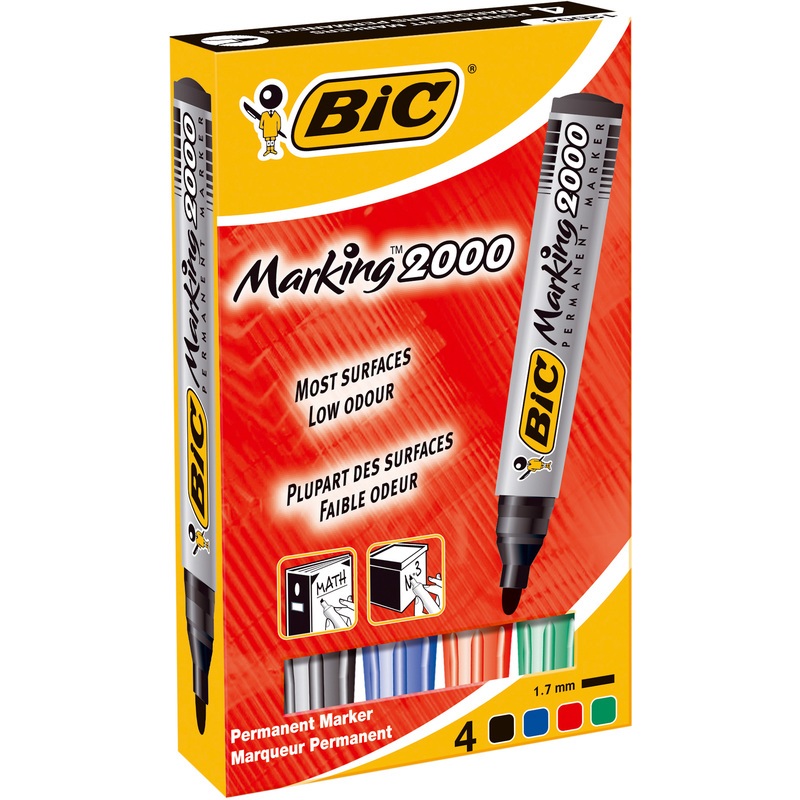 BIC Marcatore Permanente Marking 2000 con Punta Conica 4,95 mm - Assortiti (Nero, Blu, Verde, Rosso) - Confezione da 4 Pezzi