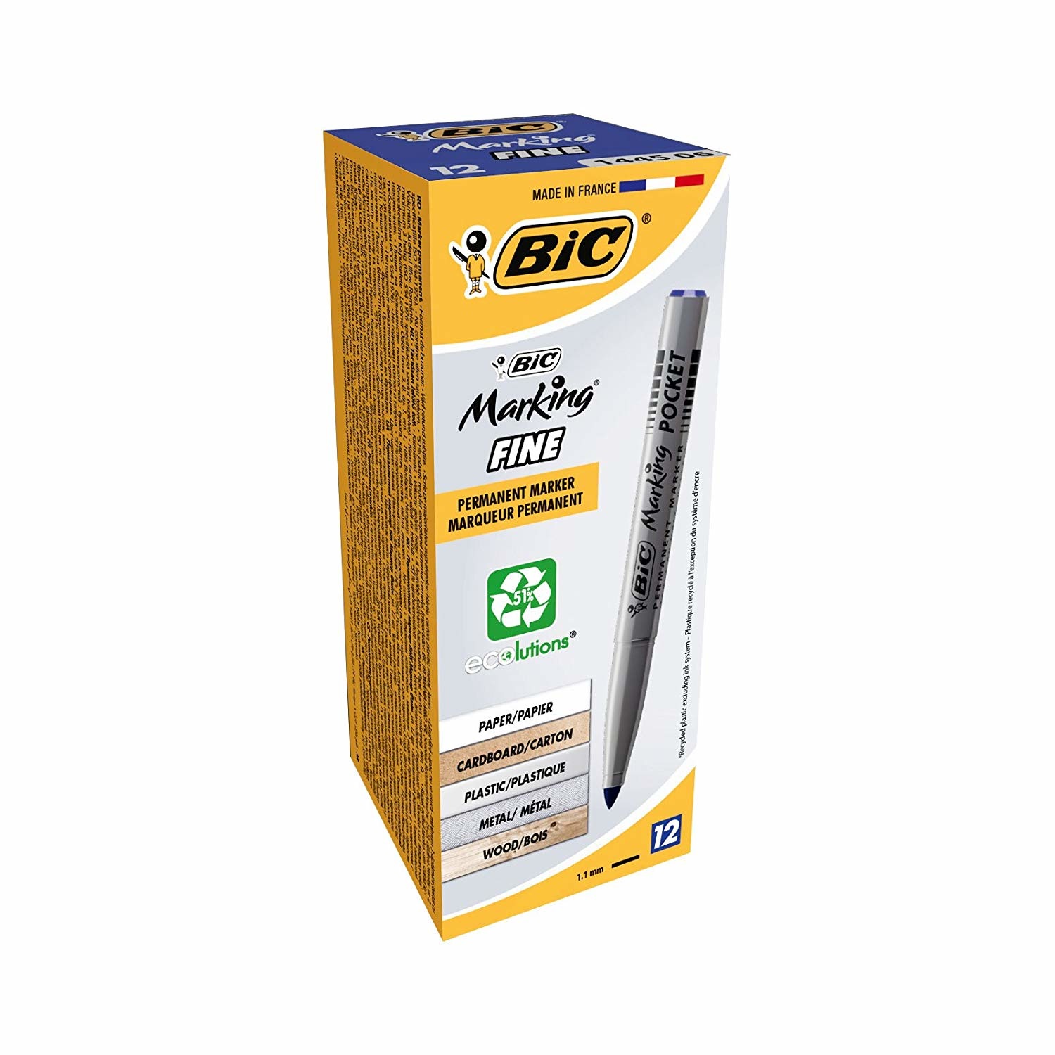 BIC Marking Pocket 1445 Marcatore Permanente Blu Punta Tonda 1,1 mm Confezione da 12 Pezzi