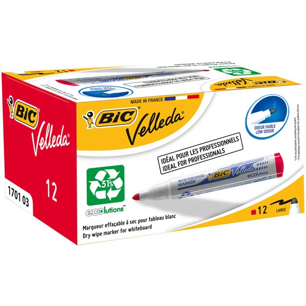 BIC Velleda 1701 Marcatore per Lavagne Bianche Rosso Punta Tonda 1.5 mm - Confezione da 12 Pezzi