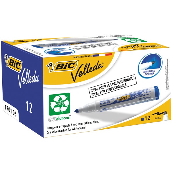 BIC Velleda 1701 Marcatore per Lavagne Blu Punta Tonda 1,5 mm Confezione da 12 Pezzi