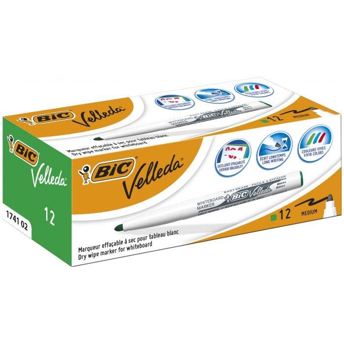 BIC Velleda 1741 Pennarelli per Lavagna Bianca Verde - Confezione da 12 con Punta Tonda Media (1,4 mm)