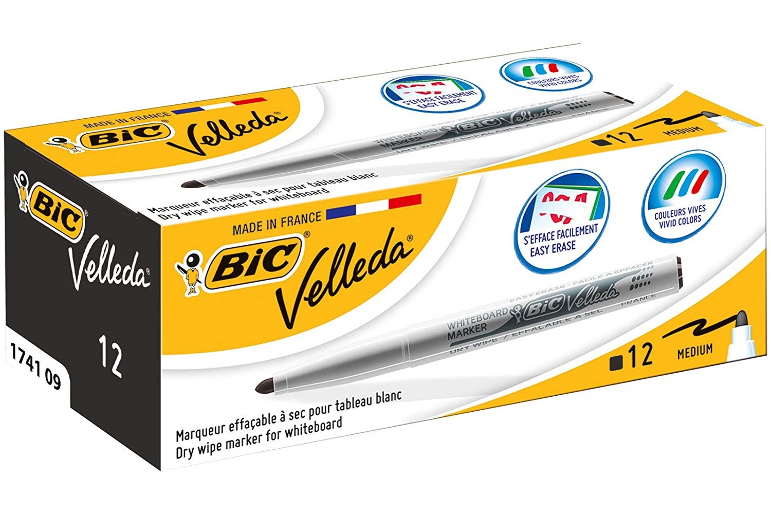 BIC Velleda 1741 - Marcatore Cancellabile per Lavagna Nero, Punta Media 1.4mm, Confezione da 12