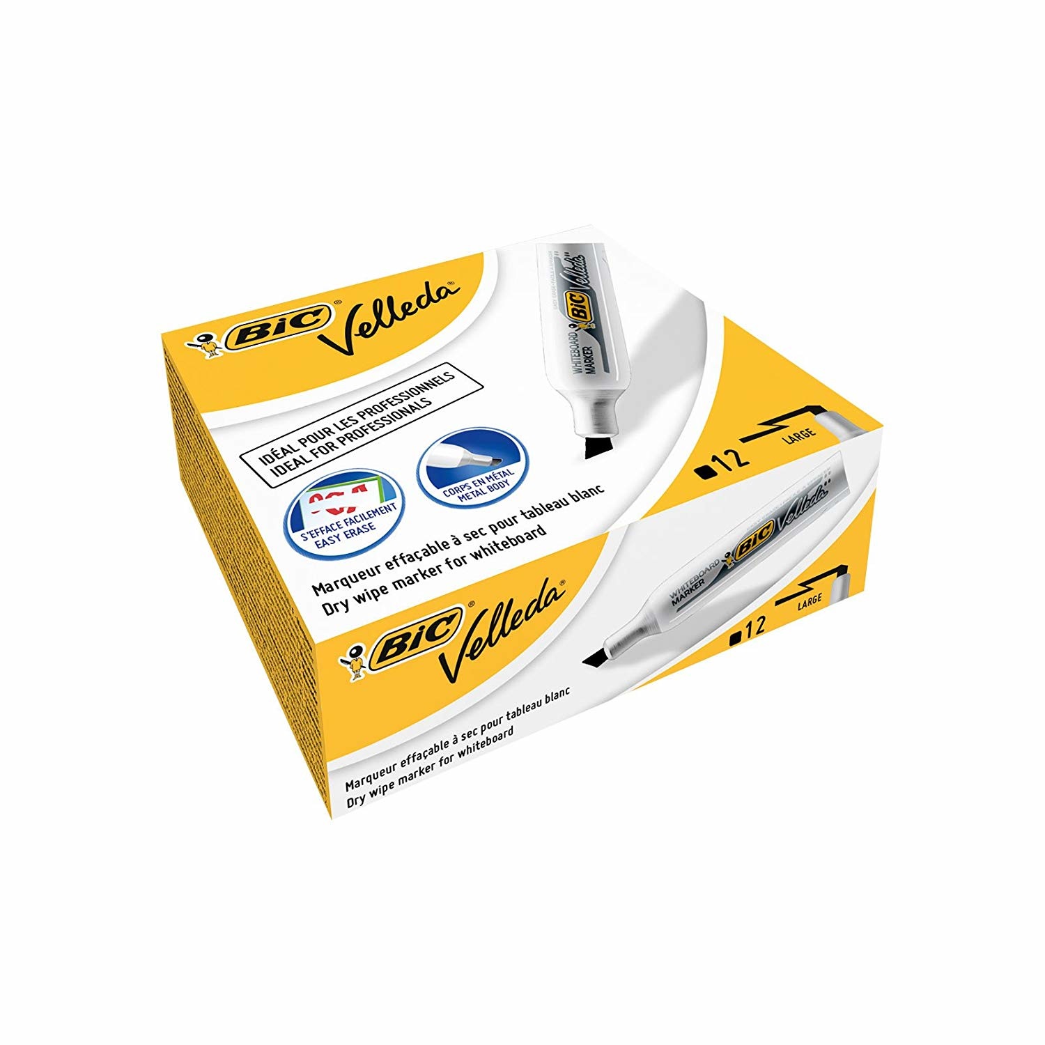 BIC Velleda 1781 Marcatore Cancellabile a Secco, 12 Pezzi, Punta Smussata, Nero, Fusto in Metallo