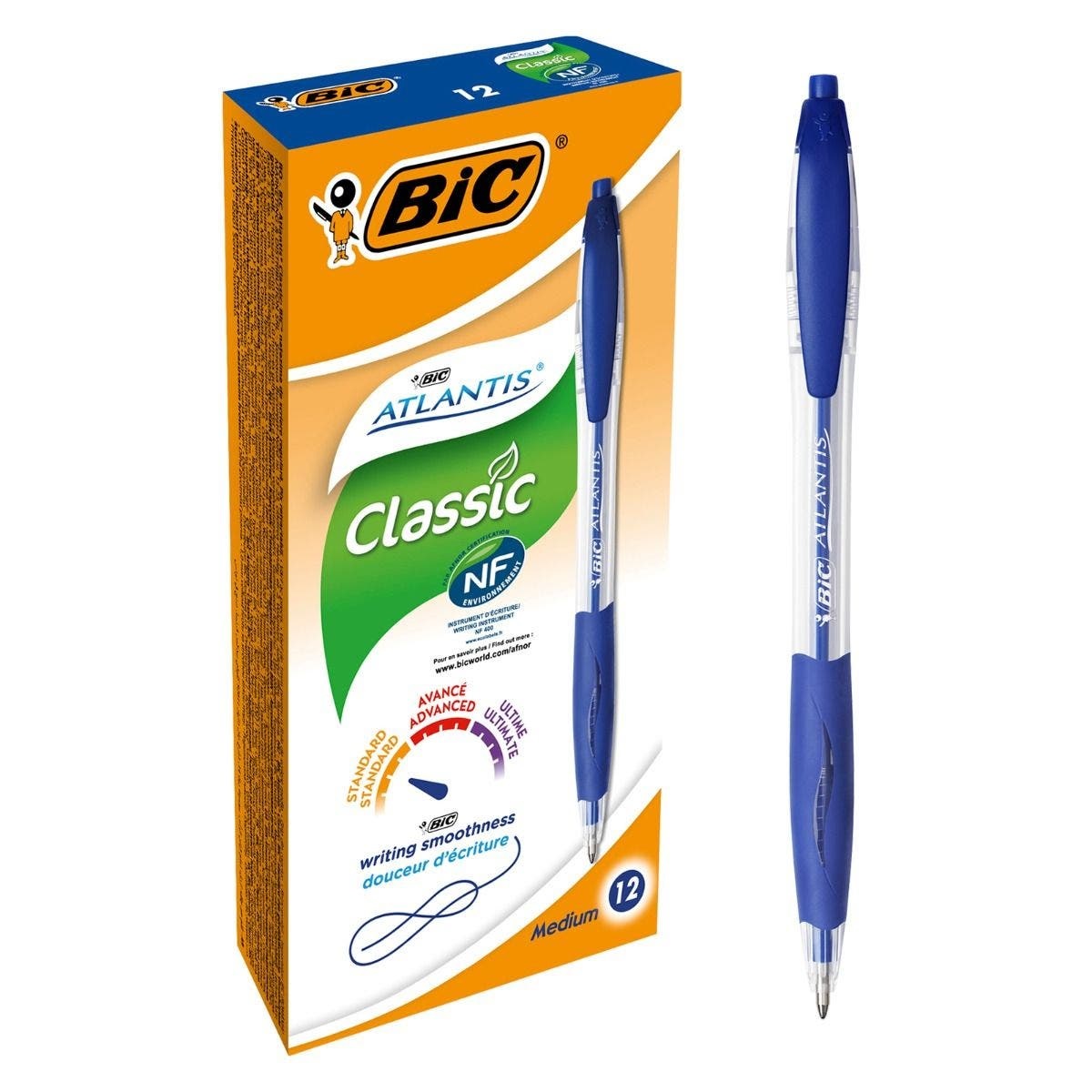 BIC Atlantis Classic Penna a sfera a scatto Blu, Punta Media 1 mm, Fusto con Grip, Confezione da 12 pz