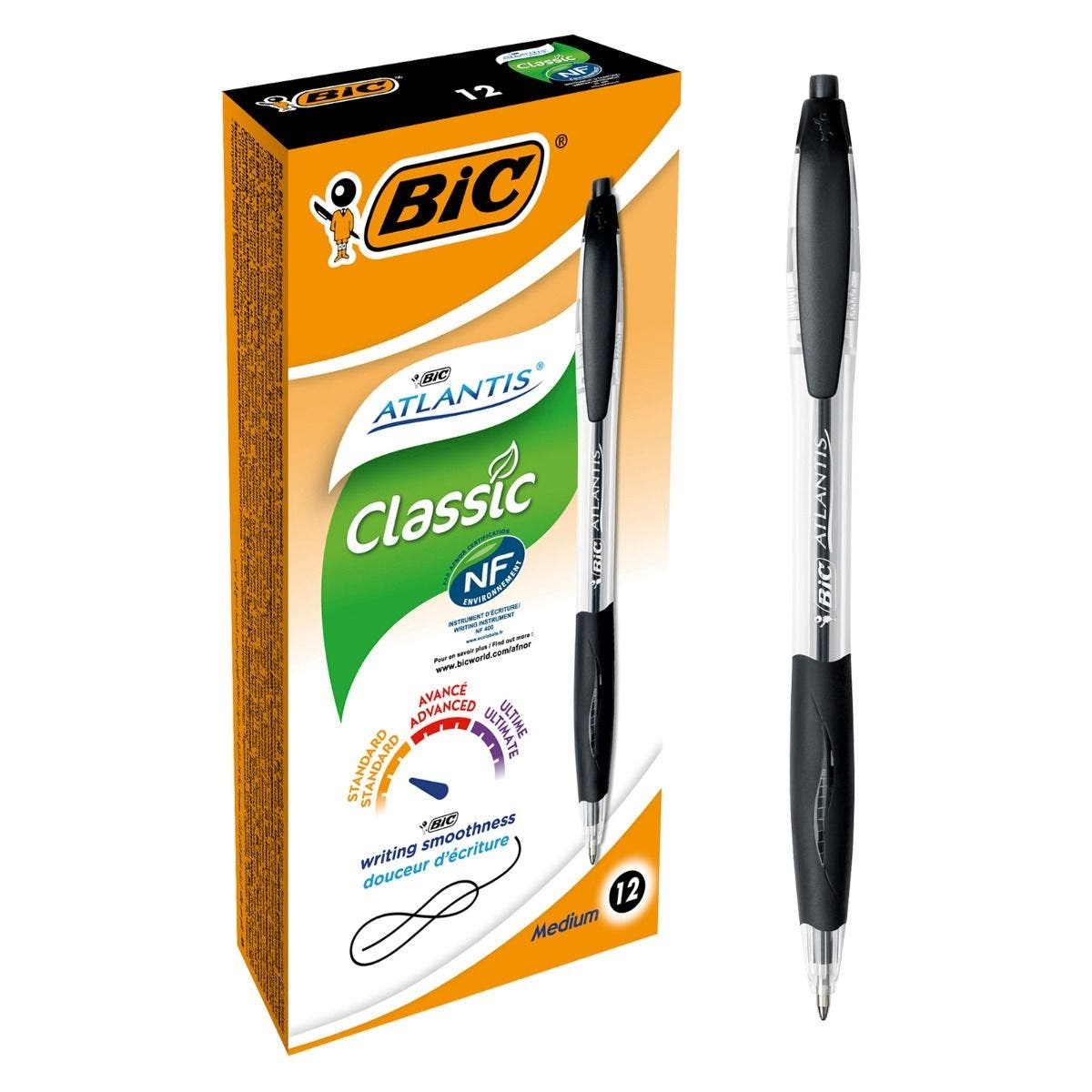 BIC Atlantis Classic Penna a sfera a scatto, punta media 1 mm, inchiostro nero, set da 12 pz