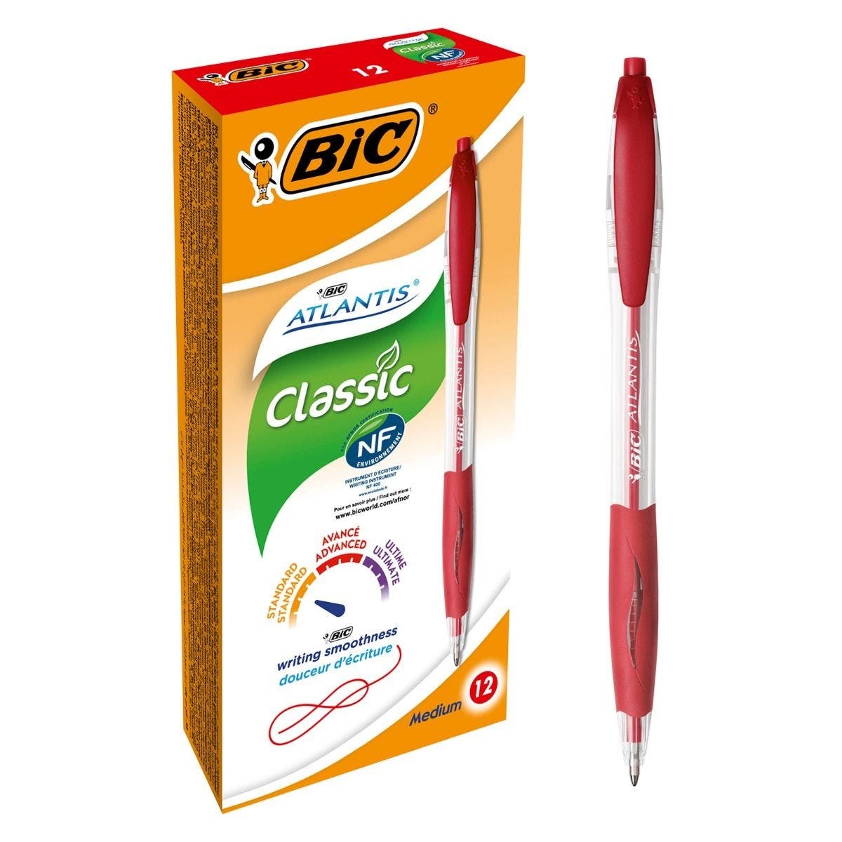 BIC Atlantis Classic Penna a sfera a scatto, Punta Media 1 mm, Inchiostro Rosso, Fusto in Plastica, 12 pz