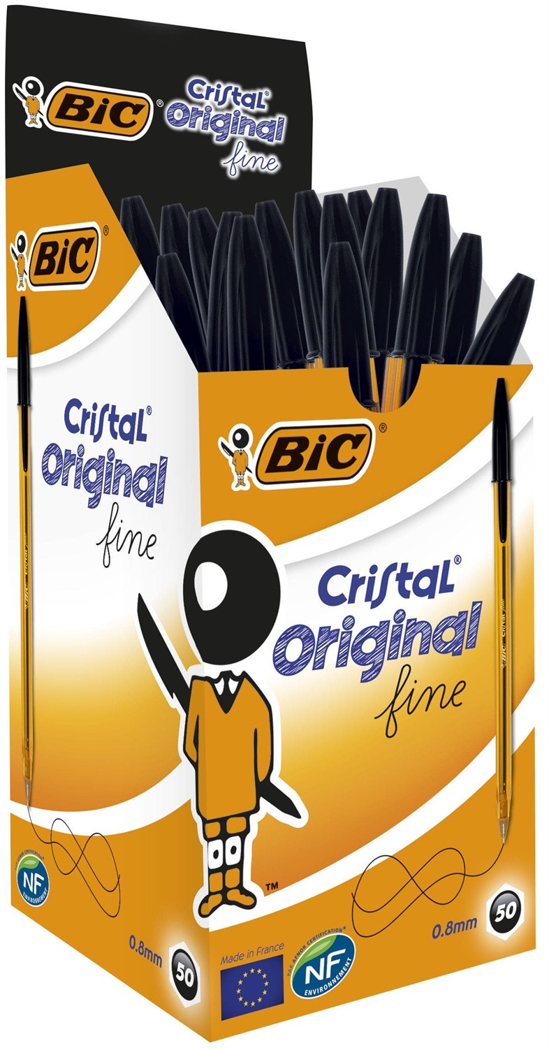 BIC Cristal Fine Penna a Sfera 0,8 mm Nero - 50 pz, Corpo Esagonale, Eco-Friendly
