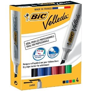 BIC Velleda 1781 - Marcatori per Lavagne Bianche, Punta a Scalpello 3,3-4,6 mm, Assortiti in Nero, Blu, Verde e Rosso, 4 pz