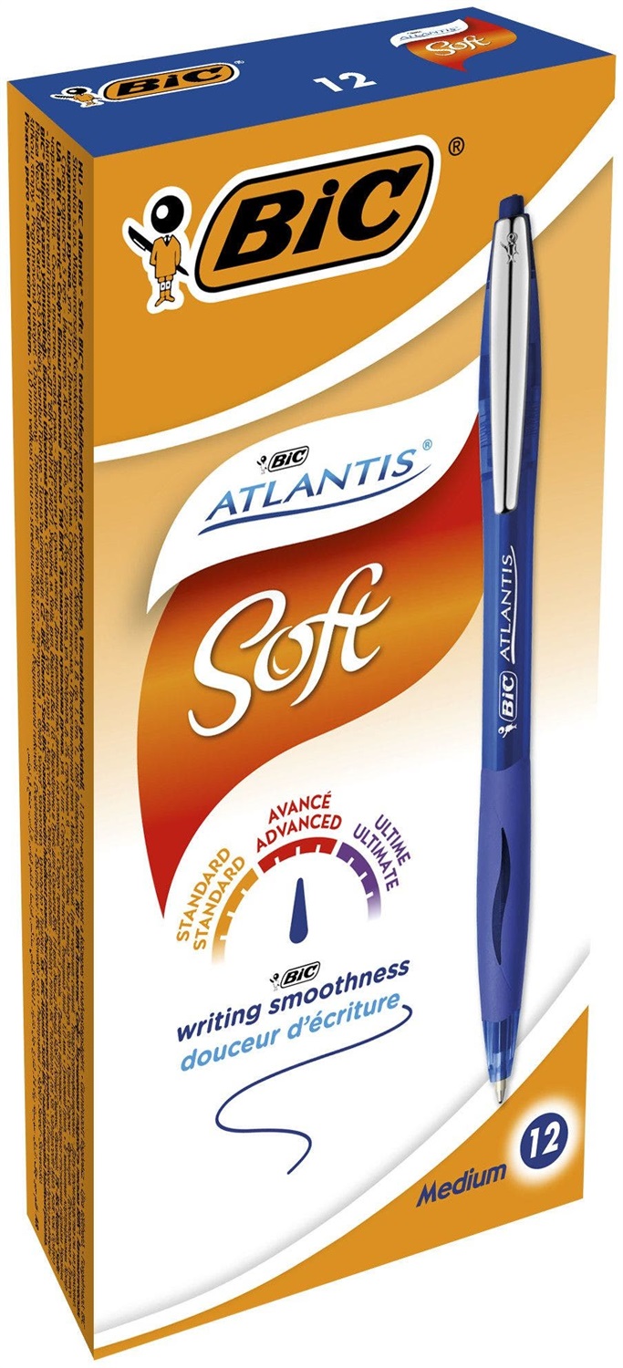 BIC Atlantis Soft Penna a sfera a scatto Blu 1,0 mm con clip in metallo - Confezione da 12 pezzi