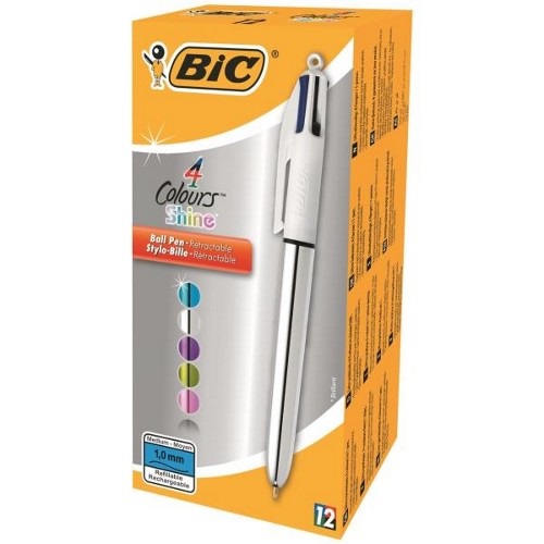 BIC 4 Colours Shine - Penna a Sfera a Scatto Multicolore, Punta Media 1mm, Fusto Argento Metallizzato, Confezione da 12