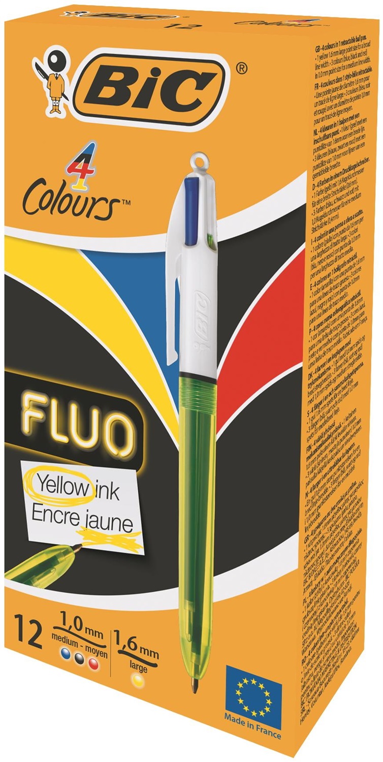 BIC 4Colours Fluo Penna a Sfera Retrattile a Clip - 4 Colori (Nero, Blu, Rosso, Giallo) - Punta Media 1,0/1,6mm - Confezione da 12 Pz