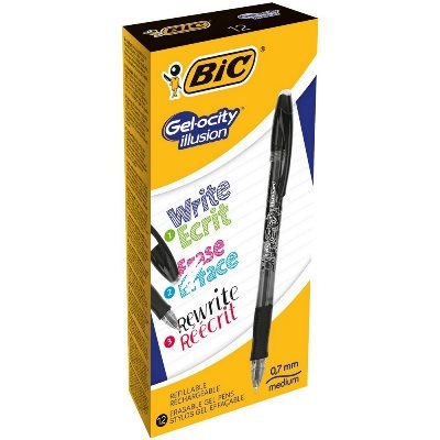 BIC Gel-ocity Illusion Penna Gel Cancellabile 0,7 mm Nero - Scatola da 12 Pezzi con Grip in Gomma