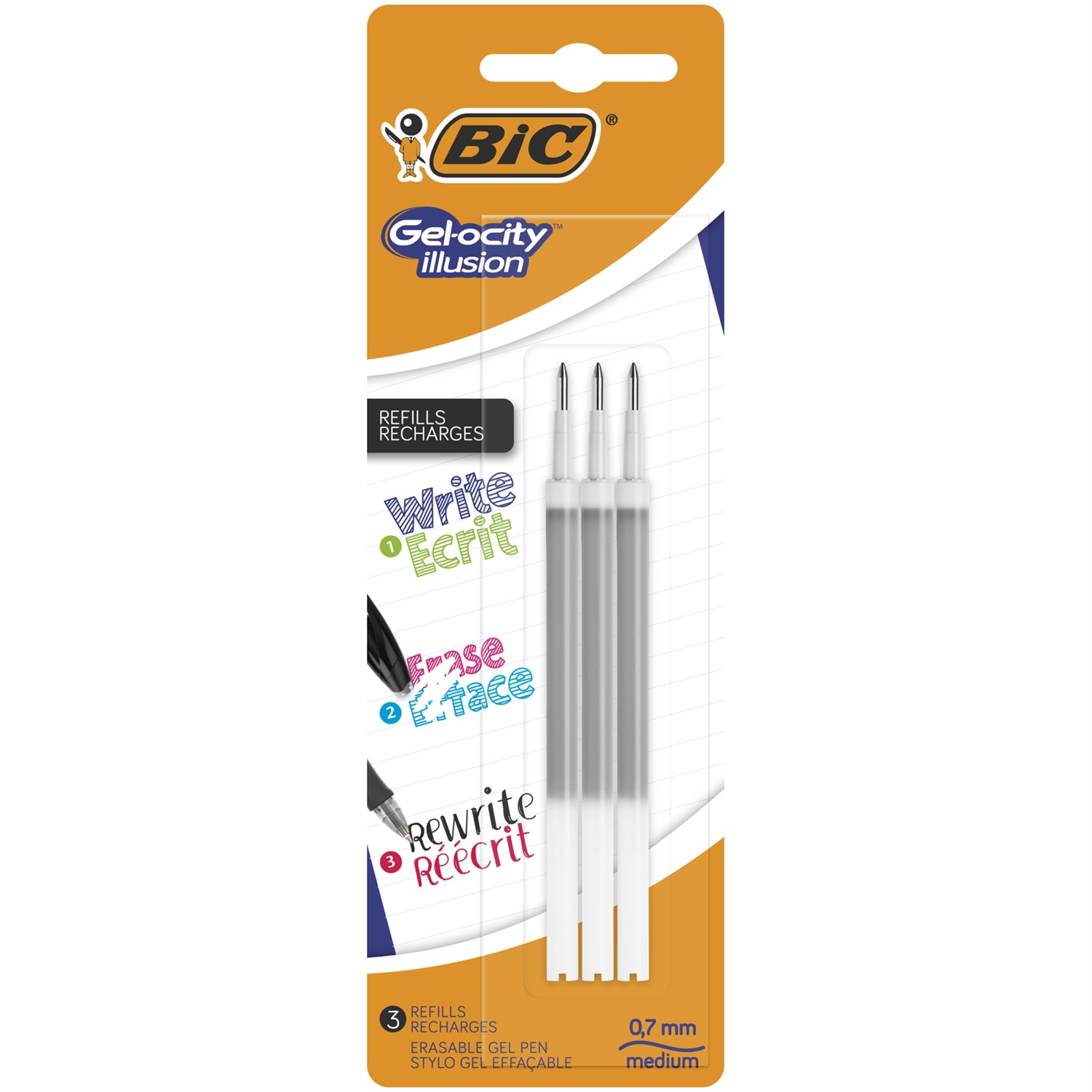 BIC Gelocity Illusion Ricariche Cancellabili 0,7 mm Nero - Confezione da 3 Pezzi