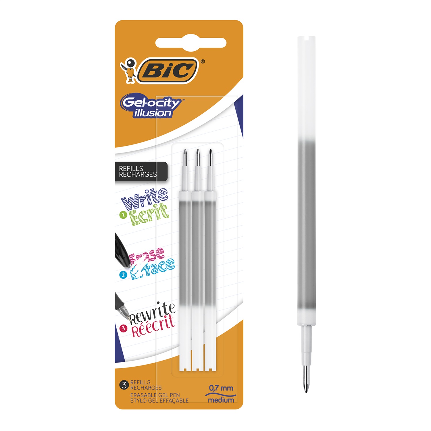 BIC Gelocity Illusion Ricariche Cancellabili 0,7 mm Nero - Confezione da 3 Pezzi