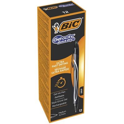 BIC Gelocity Quick Dry Penna a sfera nera, Punta Media 0,7mm, Asciugatura Ultra-Rapida, Fusto Gommato, Conf. 12 Pezzi