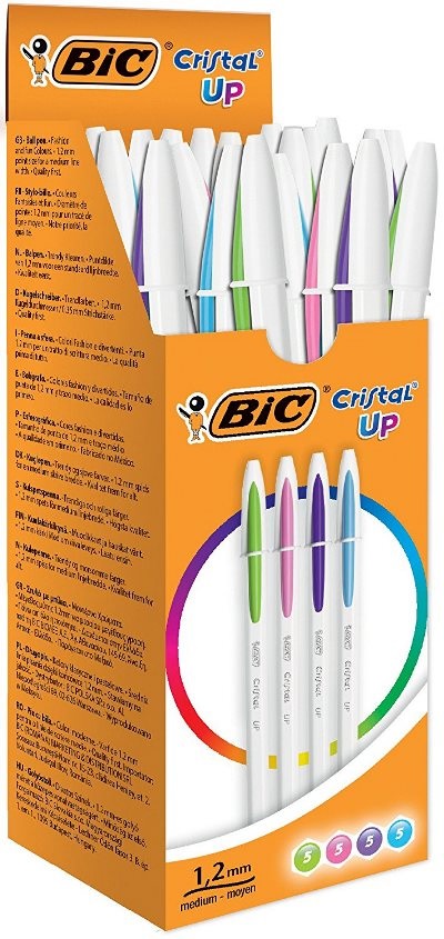 BIC Cristal Up Penna a sfera con cappuccio, Punta Media 1,2 mm, Colori Assortiti, Confezione da 20 Pezzi