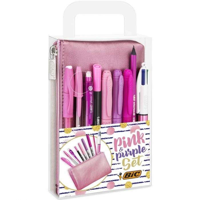 BIC Pink & Purple Set con Astuccio - 2 Penne a Sfera, 1 Penna Gel Cancellabile, 1 Pennarello Punta Fine, 1 Matita in Grafite, 1 Fineliner, 3 Pennarelli Indelebili