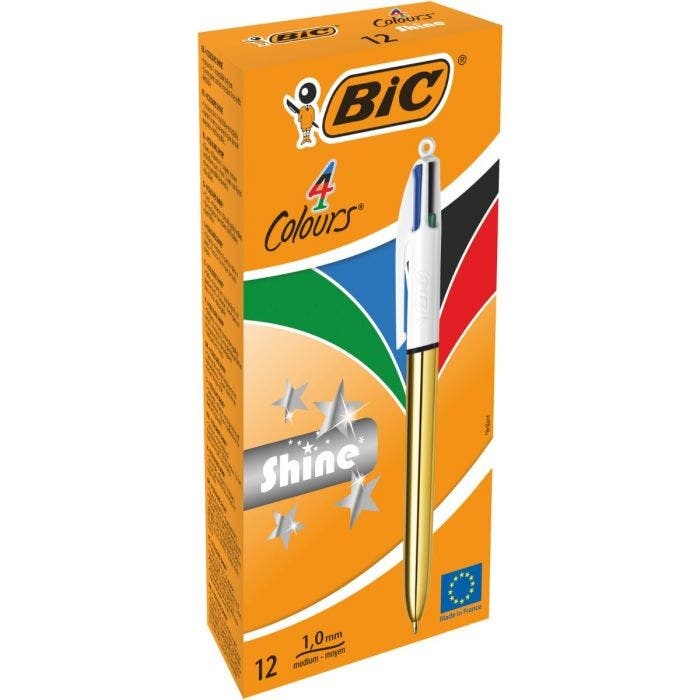 BIC 4 Colours Shine Penna a Sfera Multicolore con Punta Media (1,0 mm) - Fusto Metallico Oro, Confezione da 12