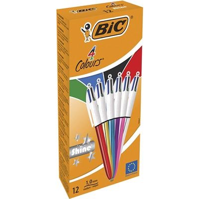 BIC 4 Colours Shine - Penna a sfera retrattile a scatto con fusto metallizzato, 1 mm, set da 12 pezzi (Nero, Blu, Verde, Rosso)