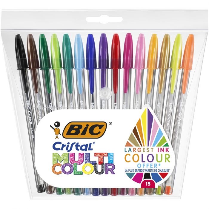 BIC Cristal Multicolour Penna a Sfera 1,6 mm Assortita - Set di 15 Colori Vivaci e Fluorescenti