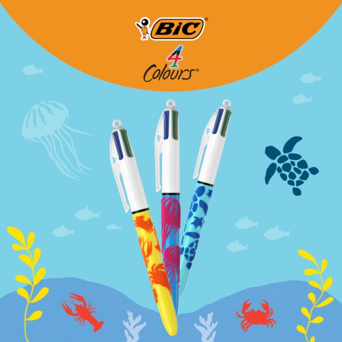 BIC 4 Colours Velours - Penna a sfera a scatto multifunzione con fusto in velluto, punta media 1 mm, confezione da 12 unità