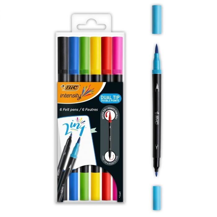 BIC Intensity Dual Tip - Pennarelli Colorati Doppia Punta con Punta in Feltro e Punta a Pennello, Set da 6 Colori Vivaci