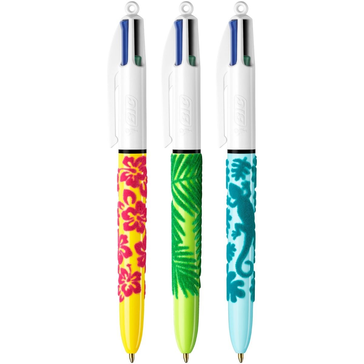 BIC 4 Colori Velours - Penna a sfera retrattile a scatto con punta 1 mm, confezione da 3 pezzi, colori blu, rosso, verde e nero