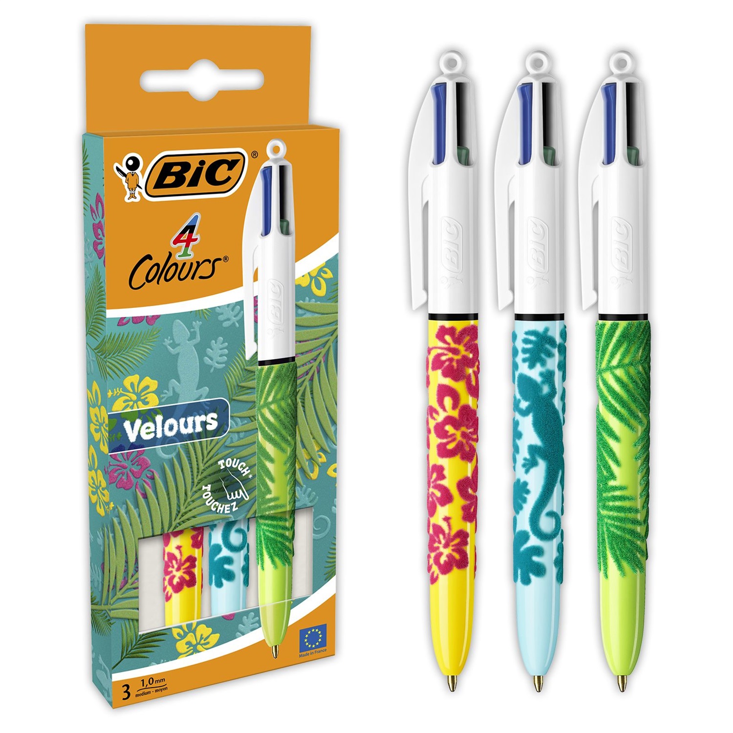 BIC 4 Colori Velours - Penna a sfera retrattile a scatto con punta 1 mm, confezione da 3 pezzi, colori blu, rosso, verde e nero